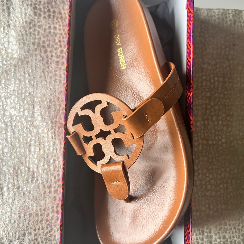 Tory Burch Tan Leather Logo Thong Sandal